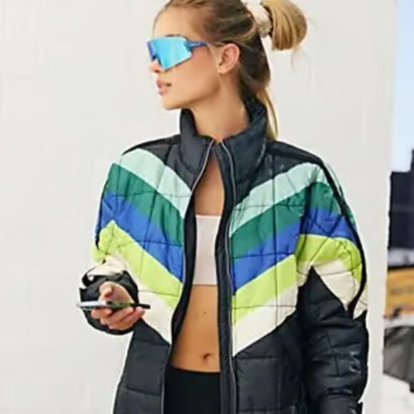 Free People Pippa Packable Puffer Jacket in Camper Stripes Black Combo - Picture 8 of 14